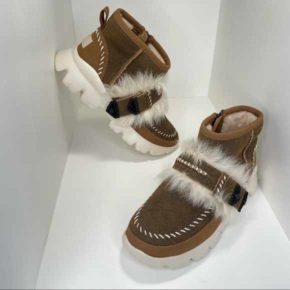 UGG Fluff Punk Faux Fur Ankle Boots Chestnut Sheepskin & Suede Booties Size 7 - Picture 15 of 16